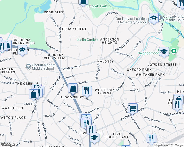map of restaurants, bars, coffee shops, grocery stores, and more near 2207 White Oak Road in Raleigh