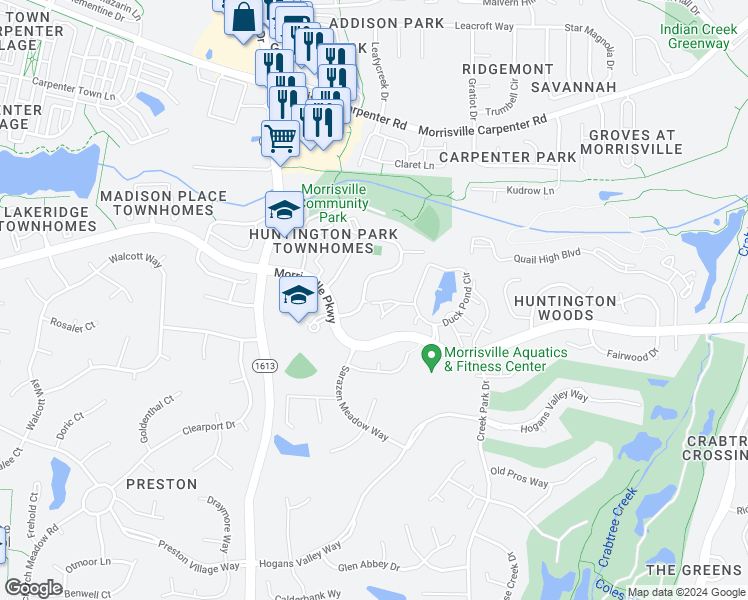 map of restaurants, bars, coffee shops, grocery stores, and more near 2422 Gazebo Drive in Morrisville