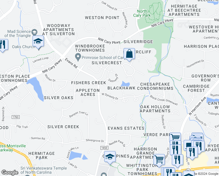 map of restaurants, bars, coffee shops, grocery stores, and more near 313 Glenolden Court in Cary