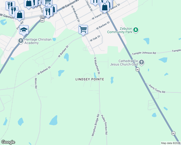 map of restaurants, bars, coffee shops, grocery stores, and more near 617 Bullhart Drive in Zebulon