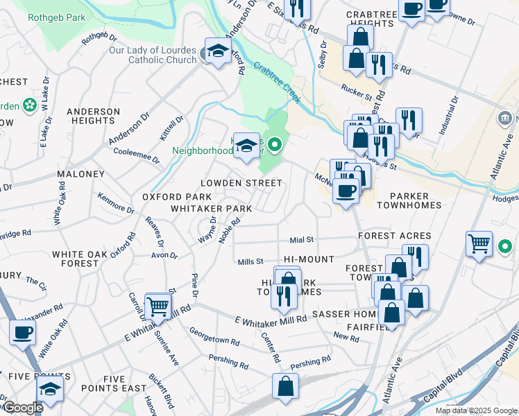 map of restaurants, bars, coffee shops, grocery stores, and more near 525 Fallon Grove Way in Raleigh