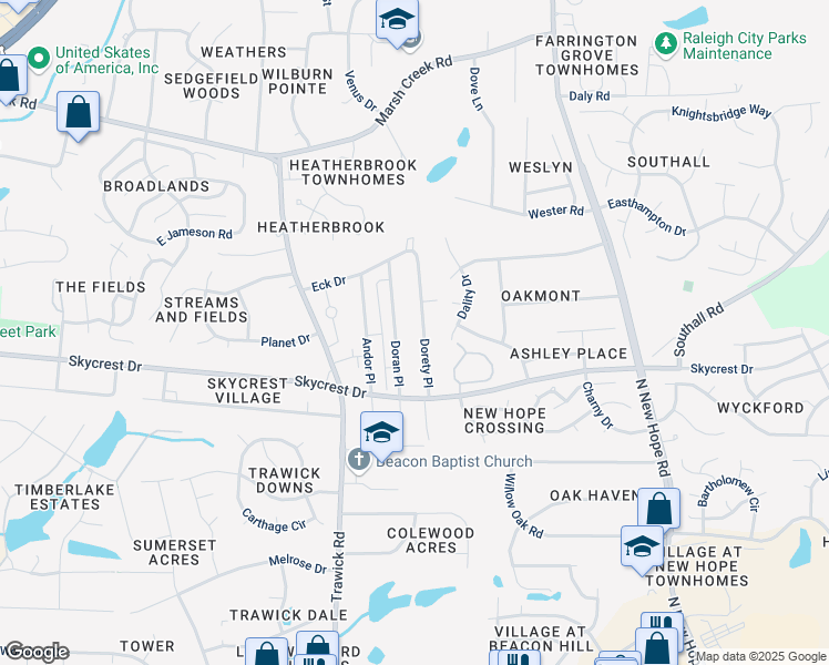 map of restaurants, bars, coffee shops, grocery stores, and more near 2325 Dorety Place in Raleigh