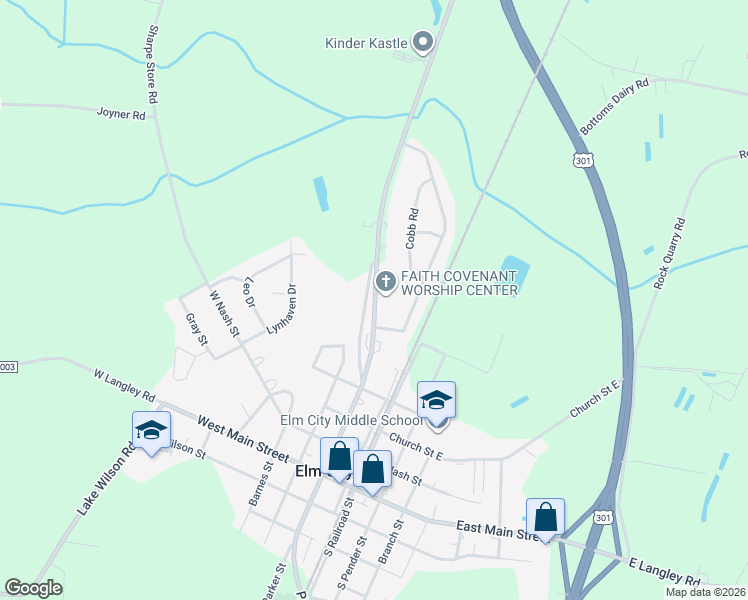 map of restaurants, bars, coffee shops, grocery stores, and more near 504 South Parker Street in Elm City