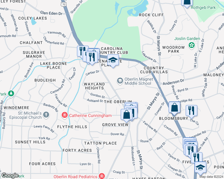 map of restaurants, bars, coffee shops, grocery stores, and more near 2710 Peachtree Street in Raleigh