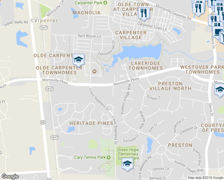 map of restaurants, bars, coffee shops, grocery stores, and more near 3216 Carpenter Creek Place in Cary