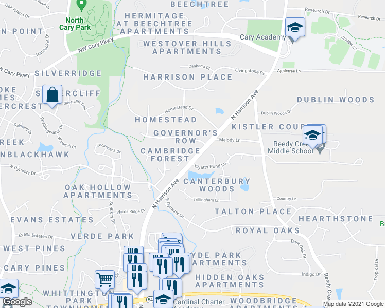 map of restaurants, bars, coffee shops, grocery stores, and more near 106 North McLean Court in Cary