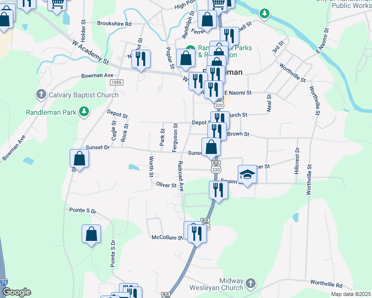 map of restaurants, bars, coffee shops, grocery stores, and more near 122 Sunset Drive in Randleman