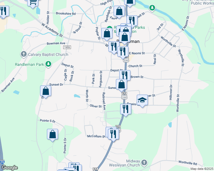 map of restaurants, bars, coffee shops, grocery stores, and more near 122 Sunset Drive in Randleman
