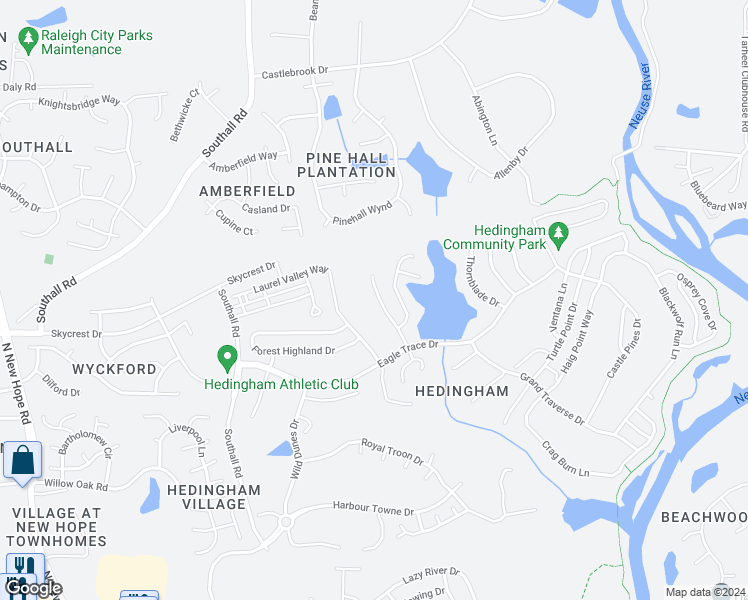 map of restaurants, bars, coffee shops, grocery stores, and more near 2037 Muirfield Village Way in Raleigh