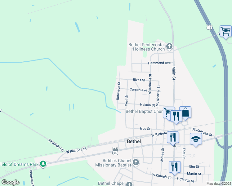 map of restaurants, bars, coffee shops, grocery stores, and more near 3755 Robinson Street in Bethel