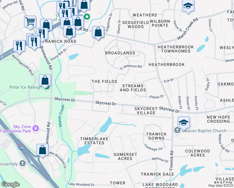 map of restaurants, bars, coffee shops, grocery stores, and more near 2401 Trout Stream Drive in Raleigh