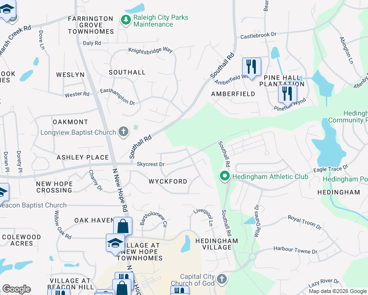 map of restaurants, bars, coffee shops, grocery stores, and more near 4641 Tollington Drive in Raleigh