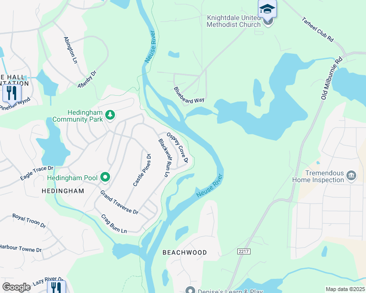 map of restaurants, bars, coffee shops, grocery stores, and more near 5912 Osprey Cove Drive in Raleigh