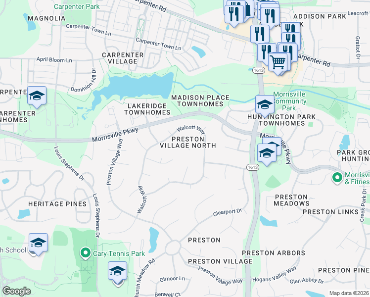 map of restaurants, bars, coffee shops, grocery stores, and more near 205 Ketrick Court in Cary