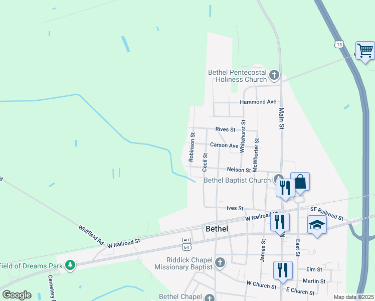map of restaurants, bars, coffee shops, grocery stores, and more near 3755 Robinson Street in Bethel