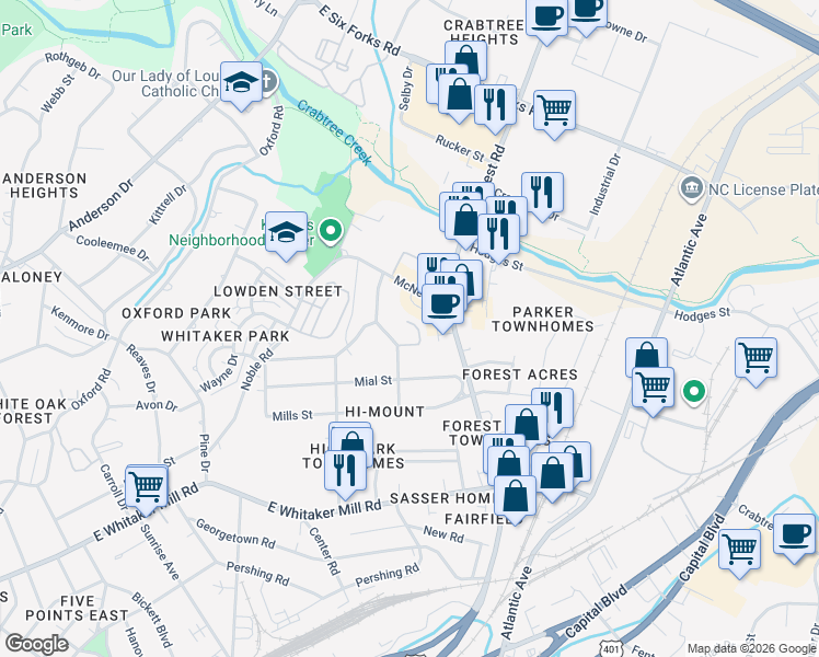 map of restaurants, bars, coffee shops, grocery stores, and more near 2120 Ruark Court in Raleigh