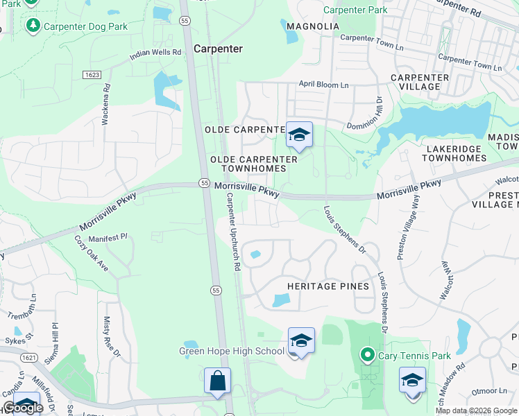 map of restaurants, bars, coffee shops, grocery stores, and more near 720 Toulouse Court in Cary