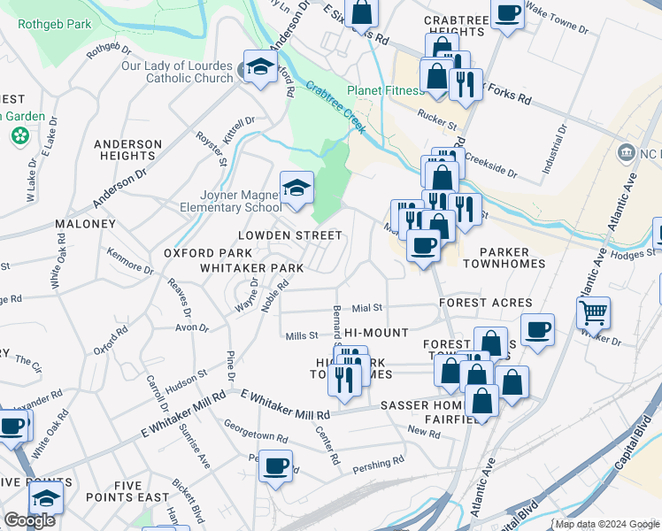 map of restaurants, bars, coffee shops, grocery stores, and more near 609 Fallon Grove Way in Raleigh
