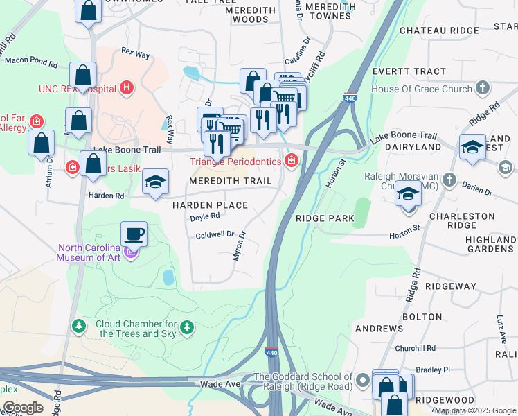 map of restaurants, bars, coffee shops, grocery stores, and more near 2200 West Charlotte Court in Raleigh