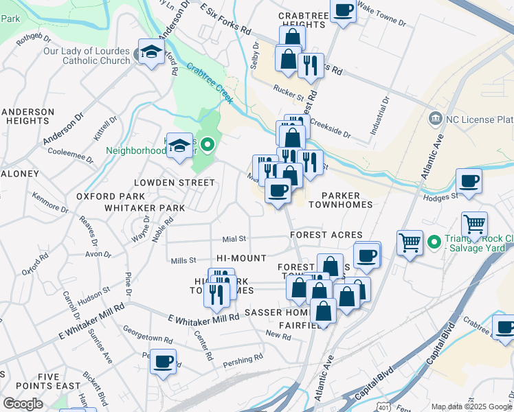map of restaurants, bars, coffee shops, grocery stores, and more near 2120 Ruark Court in Raleigh