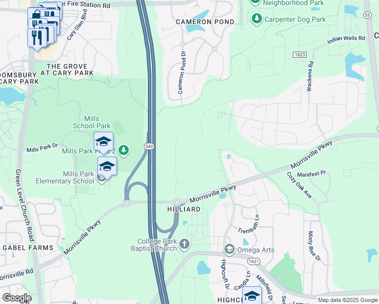 map of restaurants, bars, coffee shops, grocery stores, and more near 1140 Twyla Road in Cary