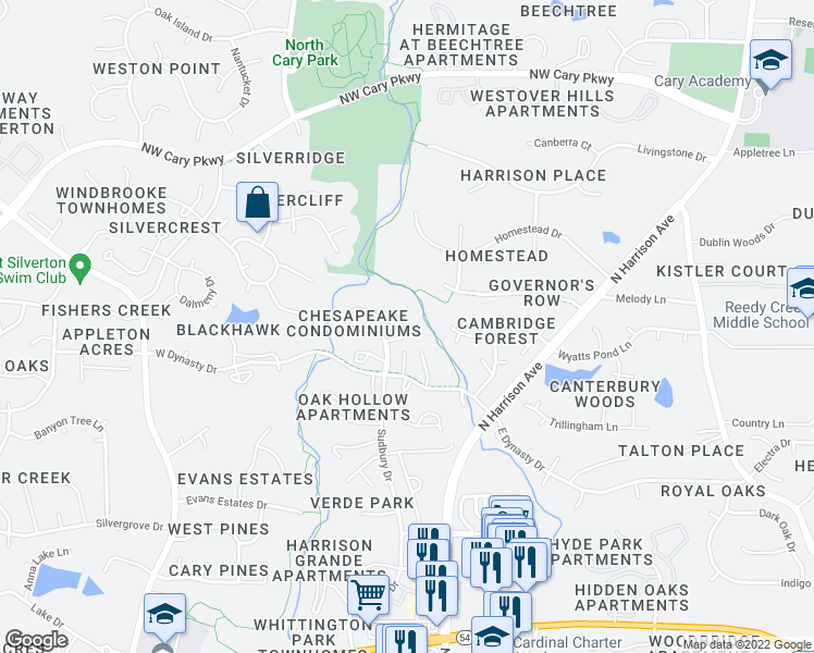 map of restaurants, bars, coffee shops, grocery stores, and more near 505b Gooseneck Drive in Cary