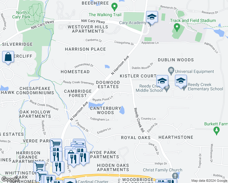 map of restaurants, bars, coffee shops, grocery stores, and more near 207 Wyatts Pond Lane in Cary
