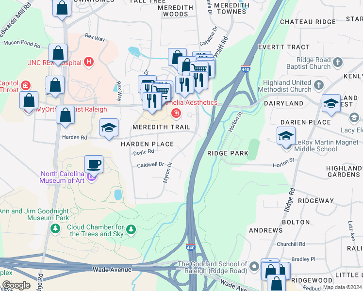 map of restaurants, bars, coffee shops, grocery stores, and more near 2200 West Charlotte Court in Raleigh