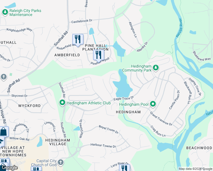 map of restaurants, bars, coffee shops, grocery stores, and more near 2025 Shadow Creek Drive in Raleigh