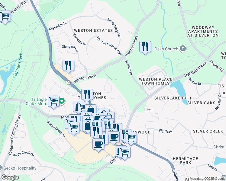 map of restaurants, bars, coffee shops, grocery stores, and more near 439 Talons Rest Way in Cary