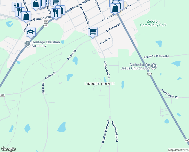 map of restaurants, bars, coffee shops, grocery stores, and more near 629 Bullhart Drive in Zebulon