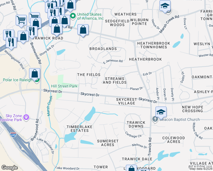 map of restaurants, bars, coffee shops, grocery stores, and more near 3316 Neptune Drive in Raleigh