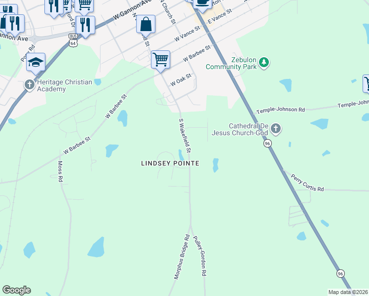 map of restaurants, bars, coffee shops, grocery stores, and more near 617 Bullhart Drive in Zebulon