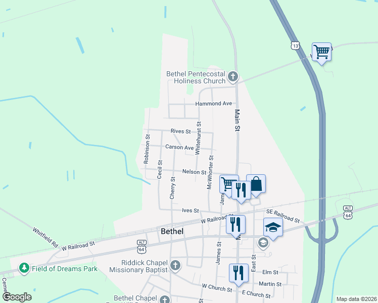 map of restaurants, bars, coffee shops, grocery stores, and more near 147 Carson Avenue in Bethel