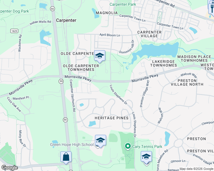 map of restaurants, bars, coffee shops, grocery stores, and more near Louis Stephens Drive in Cary