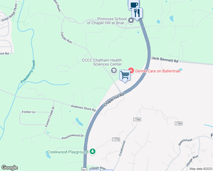 map of restaurants, bars, coffee shops, grocery stores, and more near 20 Allendale Drive in Pittsboro