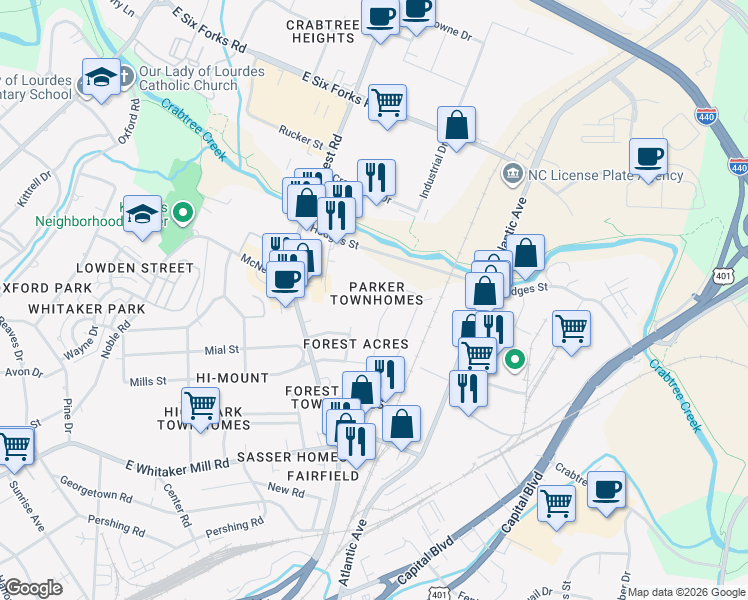 map of restaurants, bars, coffee shops, grocery stores, and more near 2209 Bellaire Avenue in Raleigh