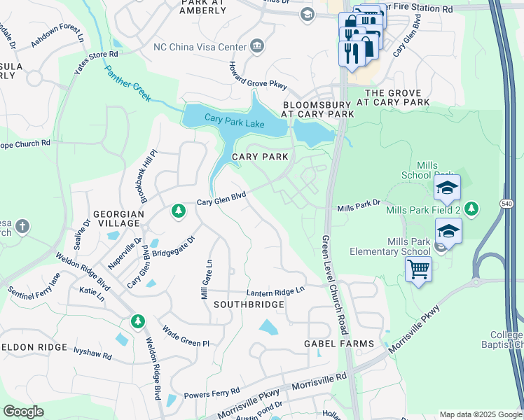 map of restaurants, bars, coffee shops, grocery stores, and more near 107 Lantern Ridge Lane in Cary