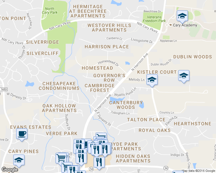 map of restaurants, bars, coffee shops, grocery stores, and more near 101 North McLean Court in Cary