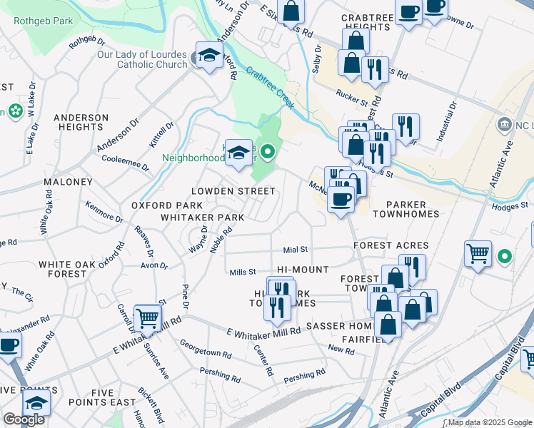 map of restaurants, bars, coffee shops, grocery stores, and more near Fallon Grove Way in Raleigh