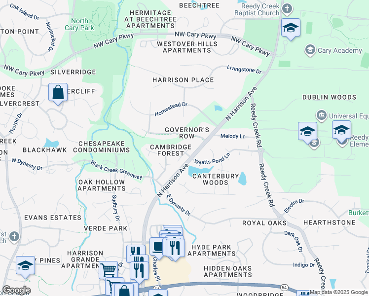 map of restaurants, bars, coffee shops, grocery stores, and more near 101 North McLean Court in Cary