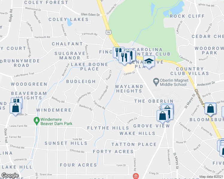 map of restaurants, bars, coffee shops, grocery stores, and more near 2724 Cambridge Road in Raleigh