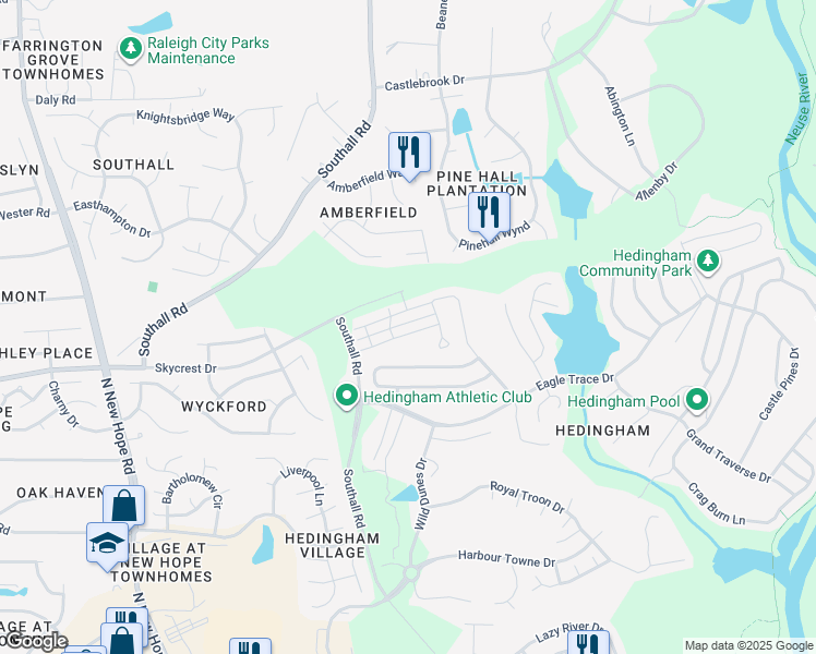 map of restaurants, bars, coffee shops, grocery stores, and more near 4953 Southern Magnolia Drive in Raleigh