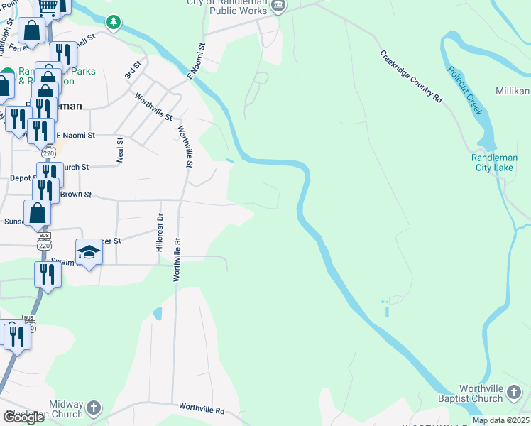 map of restaurants, bars, coffee shops, grocery stores, and more near 616 East Brown Street in Randleman
