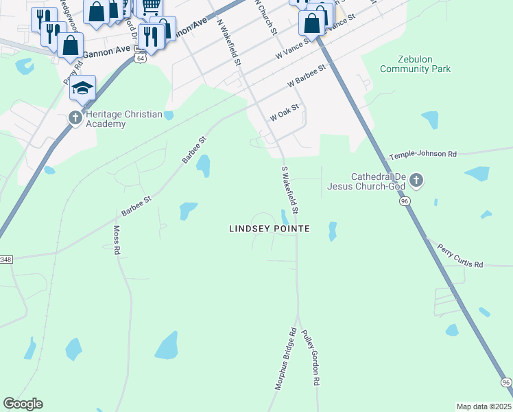 map of restaurants, bars, coffee shops, grocery stores, and more near 629 Bullhart Drive in Zebulon