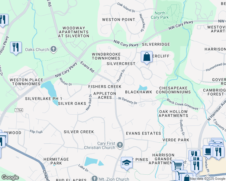 map of restaurants, bars, coffee shops, grocery stores, and more near 101 Fishers Creek Court in Cary