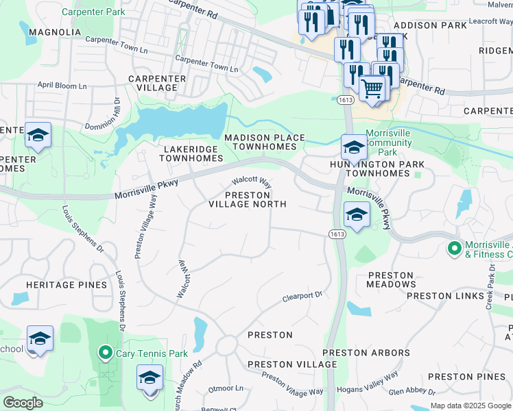 map of restaurants, bars, coffee shops, grocery stores, and more near 205 Ketrick Court in Cary