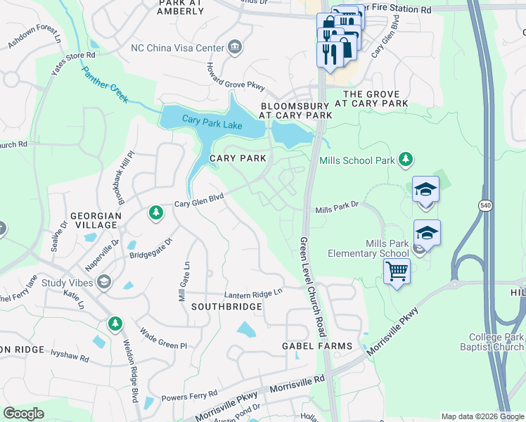 map of restaurants, bars, coffee shops, grocery stores, and more near 119 Ballyliffen Lane in Cary