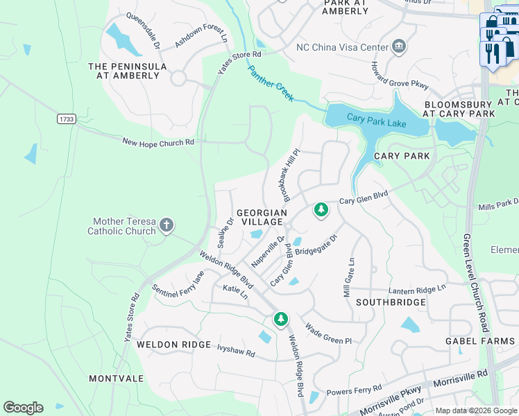 map of restaurants, bars, coffee shops, grocery stores, and more near 131 Alden Village Court in Cary