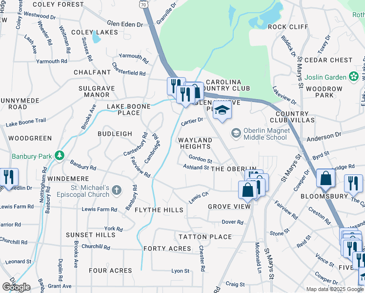 map of restaurants, bars, coffee shops, grocery stores, and more near 2800 Cartier Drive in Raleigh